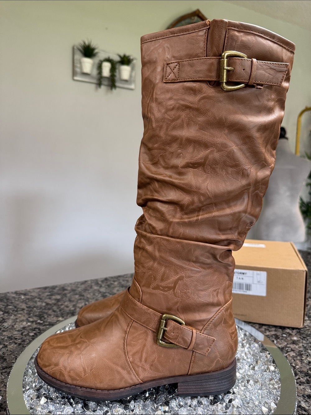 Journey Tan Slouchy Buckle tall Heeled Boots NEW 7.5